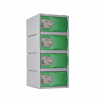 Casier polyéthylène TOPP vert à 4 compartiments, hauteur 91 cm, idéal pour rangement sécurisé.