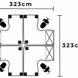 Image montrant les dimensions de l'îlot de travail sur caisson de la gamme Esprima, mesurant 323 cm par 323 cm.