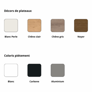 Décors et coloris de bureaux de la gamme Aerospaet, incluant Blanc Perle, Chêne clair, Chêne gris, et Noyer.