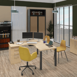 Bureau en angle sur caisson Gamme Esprima en chêne clair et carbone, avec chaises jaunes dans un espace de travail moderne.