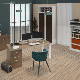 Bureau sur caisson de la gamme Esprima en noyer et blanc, avec accessoires modernes dans un bureau lumineux.
