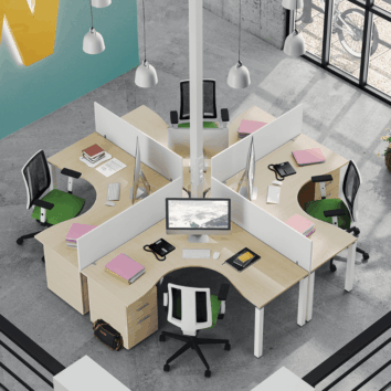 Bureau d'angle avec rangement intégré, quatre postes, Gamme Esprima, style moderne et fonctionnel.