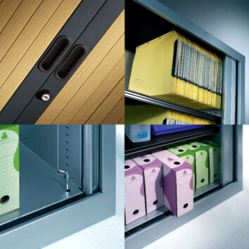 Armoire à rideaux série A ECO, H198 L120, détails sur archives et dossiers suspendus, structure robuste.