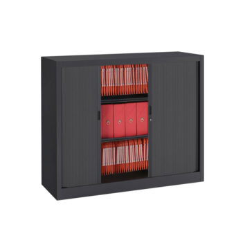 Armoire rideaux anthracite H100 L120, série A ECO, avec dossiers suspendus rouges, idéale pour archives.