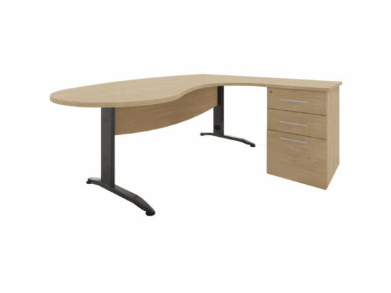 Bureau Manager de la gamme Idreale en chêne clair avec caisson intégré, pieds carbone.