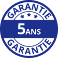 Logo bleu avec texte 'Garantie 5 ans', soulignant la durabilité et la qualité du produit.