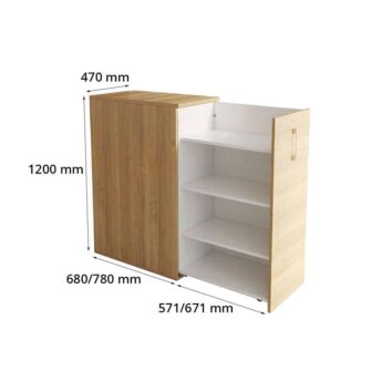 Caisson Tower en bois, hauteur 1200 mm, avec trois étagères, dimensions 470x680/780 mm.