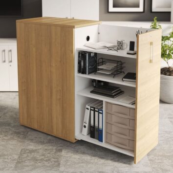 Caisson Tower hauteur comptoir en bois H120 avec rangement ouvert, dossiers et accessoires de bureau.