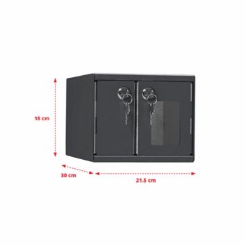 Coffre de sécurité noir pour armes de poing avec deux clés, dimensions 18x30x21,5 cm, idéal pour le rangement.