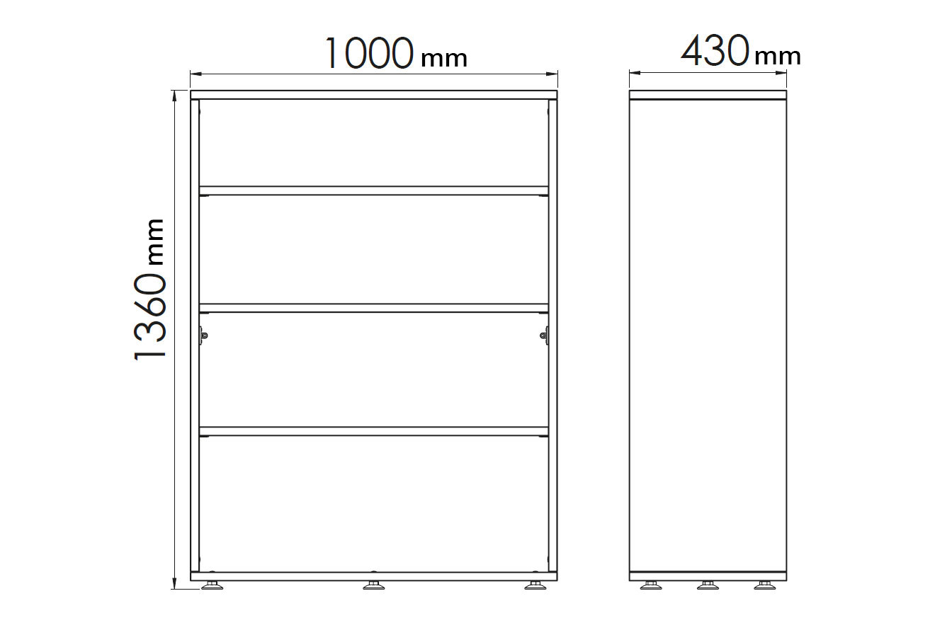 Dessin technique d'un rangement mi-haut en bois monobloc, dimensions H1360 L1000 mm, profondeur 430 mm.