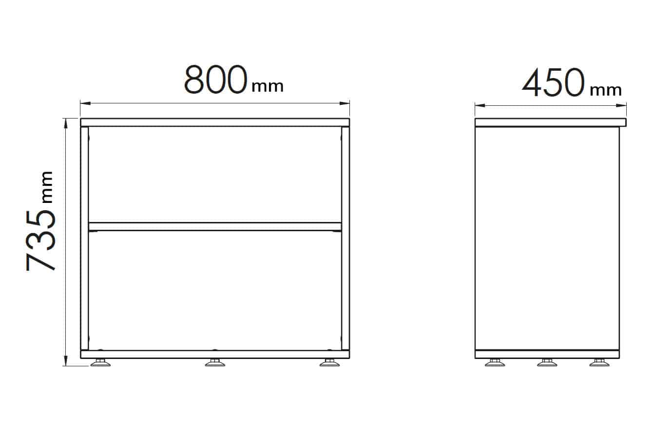 Dessin technique d'un rangement monobloc en bois, hauteur 735 mm, largeur 800 mm, profondeur 450 mm.