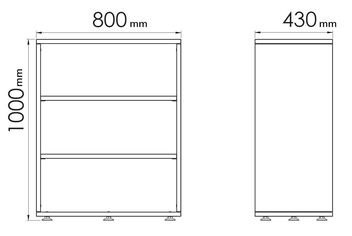 Dessin technique d'un rangement bas en bois monobloc, dimensions H1000 L800 mm.