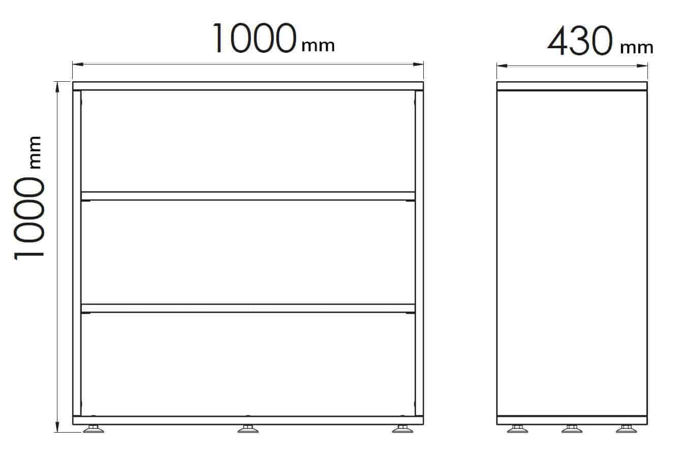 Schéma technique du rangement bas en bois Monobloc, dimensions H1000mm x L1000mm x P430mm.