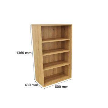 Rangement mi-haut en bois, monobloc, dimensions H1360 L800 P430 mm, avec quatre étagères.