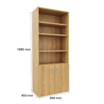 Armoire bibliothèque en bois monobloc, dimensions H1980 x L800 mm, avec étagères et portes en bas.