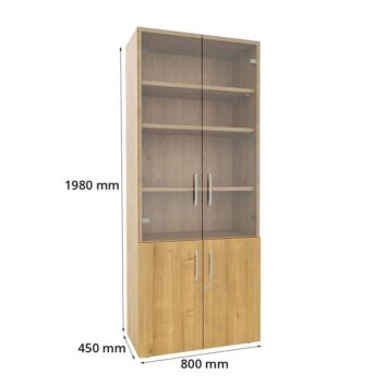 Armoire bibliothèque en bois avec portes vitrées, dimensions H1980 L800 mm, trois étagères visibles.