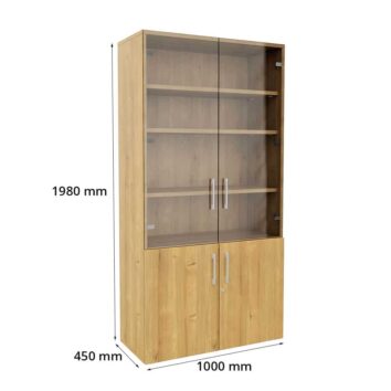 Armoire bibliothèque en bois avec portes vitrées, dimensions H1980 x L1000 mm, étagères internes.