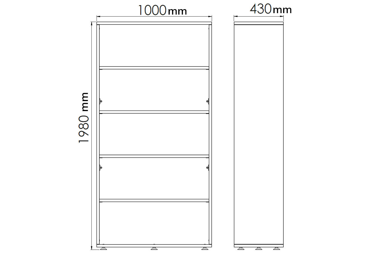 Rangement haut en bois monobloc avec dimensions H1980 L1000 mm, vue avant et latérale.