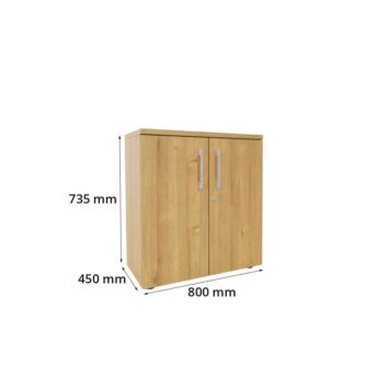 Desserte en bois monobloc avec portes, hauteur 735 mm, largeur 800 mm, idéale pour bureau.
