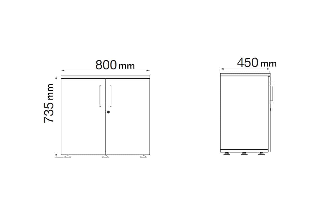 Desserte monobloc en bois pour bureau, dimensions 735x800 mm, avec portes battantes et pieds ajustables.
