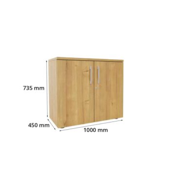 Desserte en bois monobloc pour bureau, dimensions H735 L1000 mm, avec portes et poignées argentées.