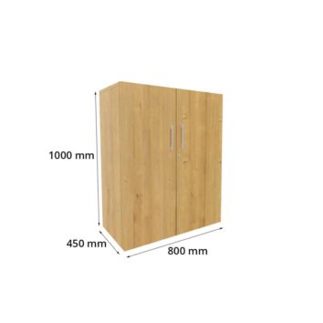 Armoire basse en bois monobloc, dimensions H1000mm L800mm, avec portes et poignées grises.
