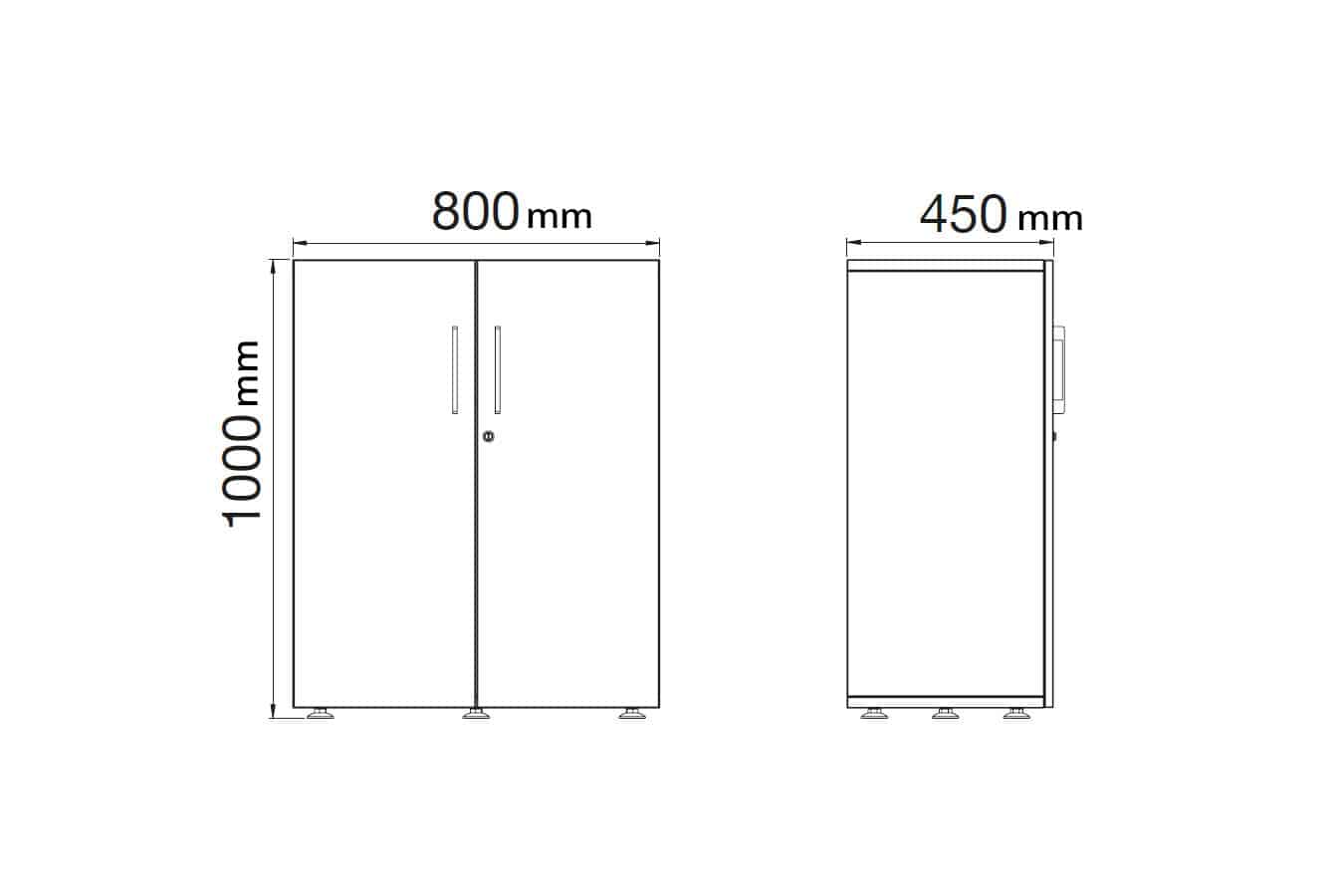 Armoire basse en bois monobloc, dimensions : hauteur 1000 mm, largeur 800 mm, profondeur 450 mm.