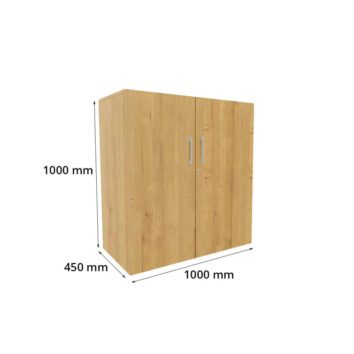 Armoire basse en bois monobloc, dimensions H1000 mm x L1000 mm x P450 mm, deux portes.