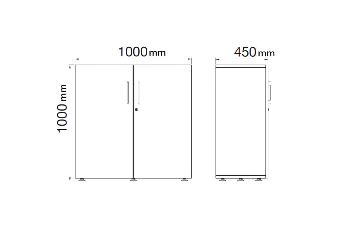 Armoire basse en bois monobloc, dimensions H1000mm L1000mm, vue de face et de côté.
