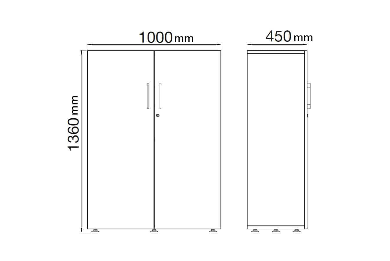 Schéma des dimensions de l'armoire mi-haute en bois monobloc, H1360mm x L1000mm x P450mm.