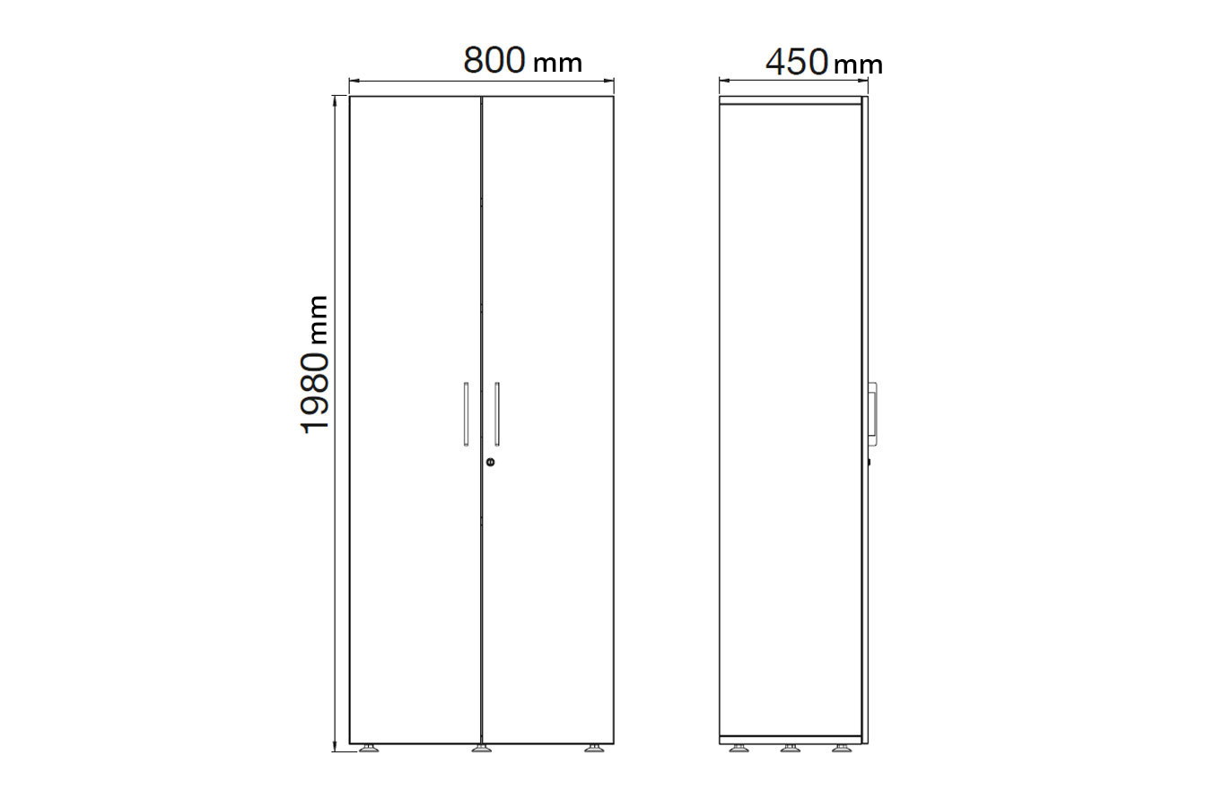 Armoire haute en bois monobloc avec portes, dimensions H1980 mm x L800 mm, vue avant et latérale.