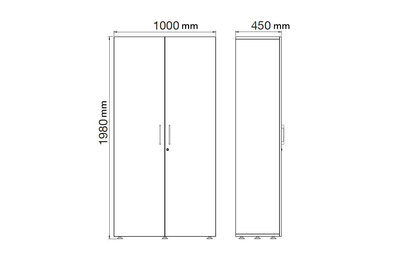Armoire haute en bois monobloc, dimensions H1980 mm x L1000 mm x P450 mm, vue de face et profil.