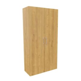 Armoire haute en bois monobloc H198 L100 avec finition mélaminée et portes à poignées métalliques.