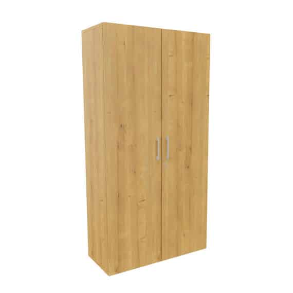 Armoire haute en bois monobloc H198 L100 avec finition mélaminée et portes à poignées métalliques.