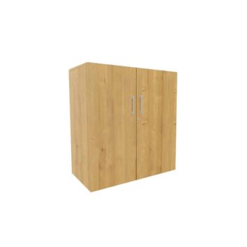 Armoire basse en bois monobloc, H100 L100, en mélamine chêne naturel avec deux portes élégantes.