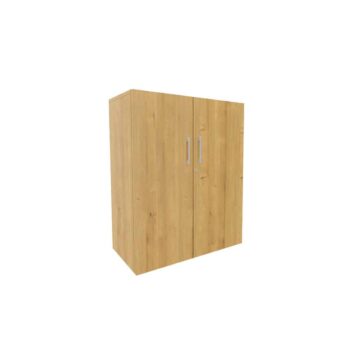 Armoire basse monobloc en bois mélaminé, H100 L80, finition chêne naturel, avec poignées métalliques.