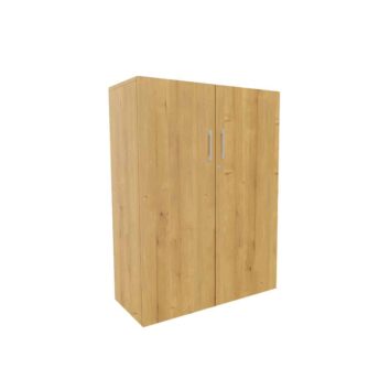 Armoire mi-haute en bois monobloc, mélamine chêne naturel, dimensions H136 L100, portes doubles élégantes.