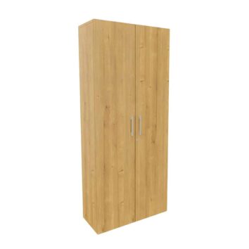 Armoire haute en bois monobloc, finition chêne naturel, H198 L80, avec portes doubles et poignées métalliques.