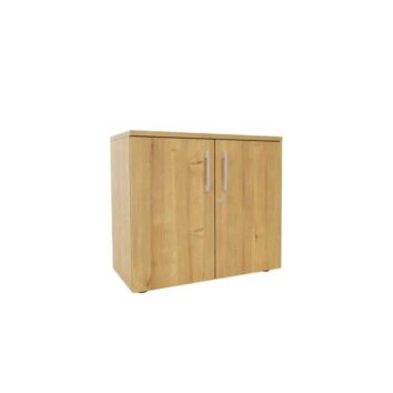 Desserte hauteur bureau en bois, monobloc, finition chêne naturel H73 L100 avec deux portes.