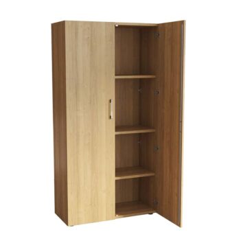Armoire haute en bois monobloc, H198 L100, avec portes ouvertes révélant plusieurs étagères.