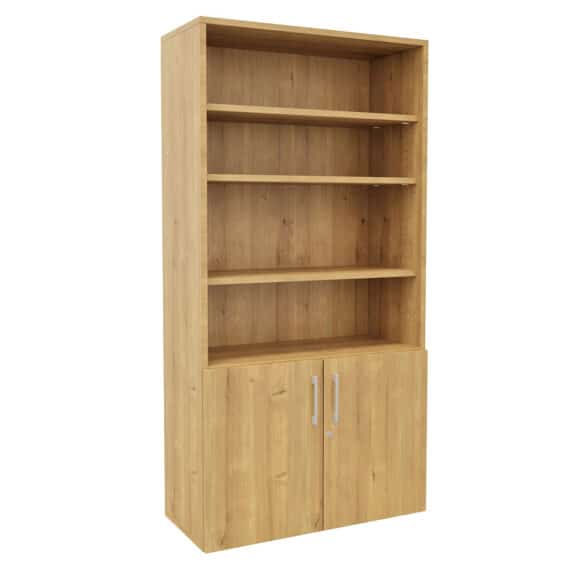 Armoire bibliothèque en bois monobloc H198 L100 avec étagères ouvertes et portes en mélamine.