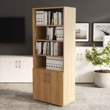 Armoire bibliothèque monobloc en bois mélaminé, H198 L100, avec étagères remplies de livres et classeurs.