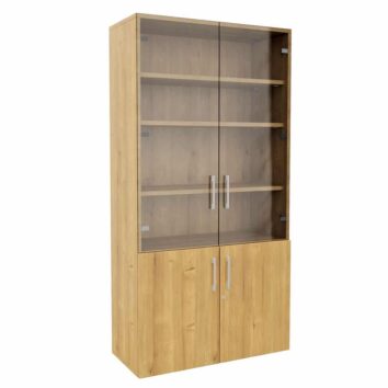 Armoire bibliothèque monobloc en bois mélaminé avec portes vitrées, dimensions H198 L100, quatre étagères.