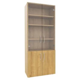 Armoire bibliothèque monobloc en bois avec portes vitrées, mélaminé, dimensions H198 L80, trois étagères visibles.