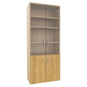 Armoire bibliothèque monobloc en bois avec portes vitrées, mélaminé, dimensions H198 L80, trois étagères visibles.