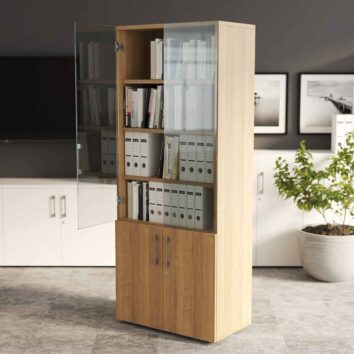 Armoire bibliothèque en bois monobloc avec portes vitrées, H198 L100, rangée de livres et classeurs, fond moderne.