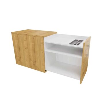 Caisson Tower en bois, hauteur bureau H73, avec étagères et tiroir ouvert.