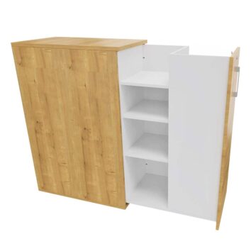 Caisson Tower hauteur comptoir en bois avec étagères blanches pour 2 utilisateurs, H120, vue ouverte.