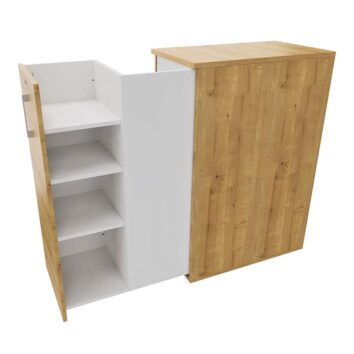 Caisson Tower en bois, hauteur comptoir H120, pour 2 utilisateurs, avec étagères intégrées, vue de dos.