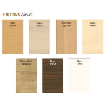 Tableau des finitions de mélaminés pour rangement bas en bois Monobloc, incluant hêtre, acacia, chêne clair, érable, chêne naturel, noyer et blanc.